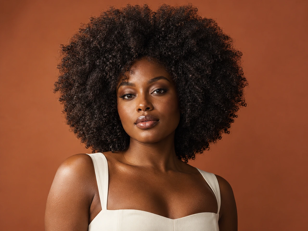Model with a voluminous natural curly afro against a terracotta background